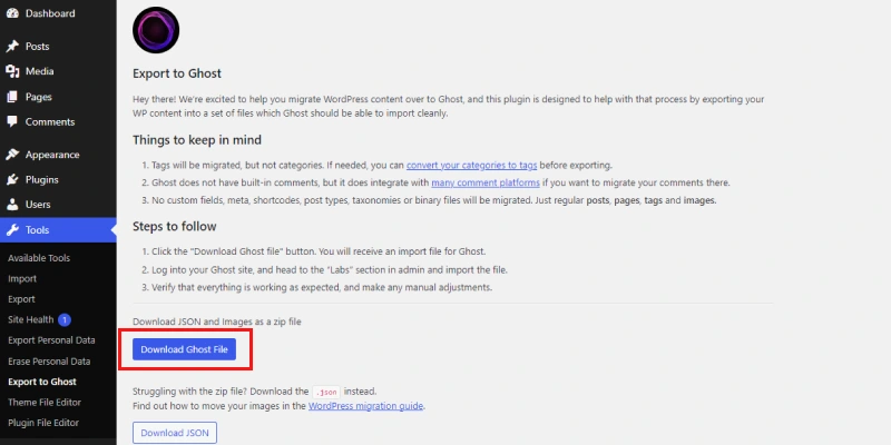 How to Migrate from WordPress to Ghost for Free 3 export ghost file from wordpress